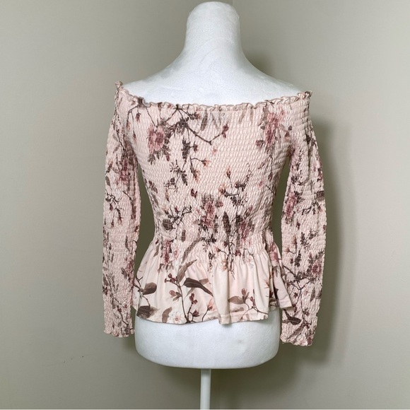 Womens Off Shoulder Ruched Ling Sleeve Pink Floral Blouse Size Large - Picture 2 of 2